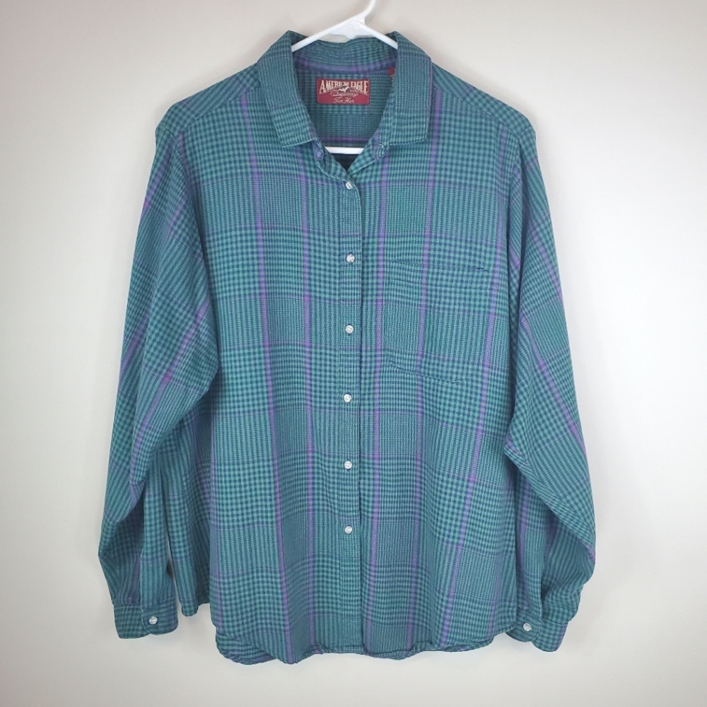American Eagle Outfitters For Her Size L Green Plaid Long Sleeve Button Down